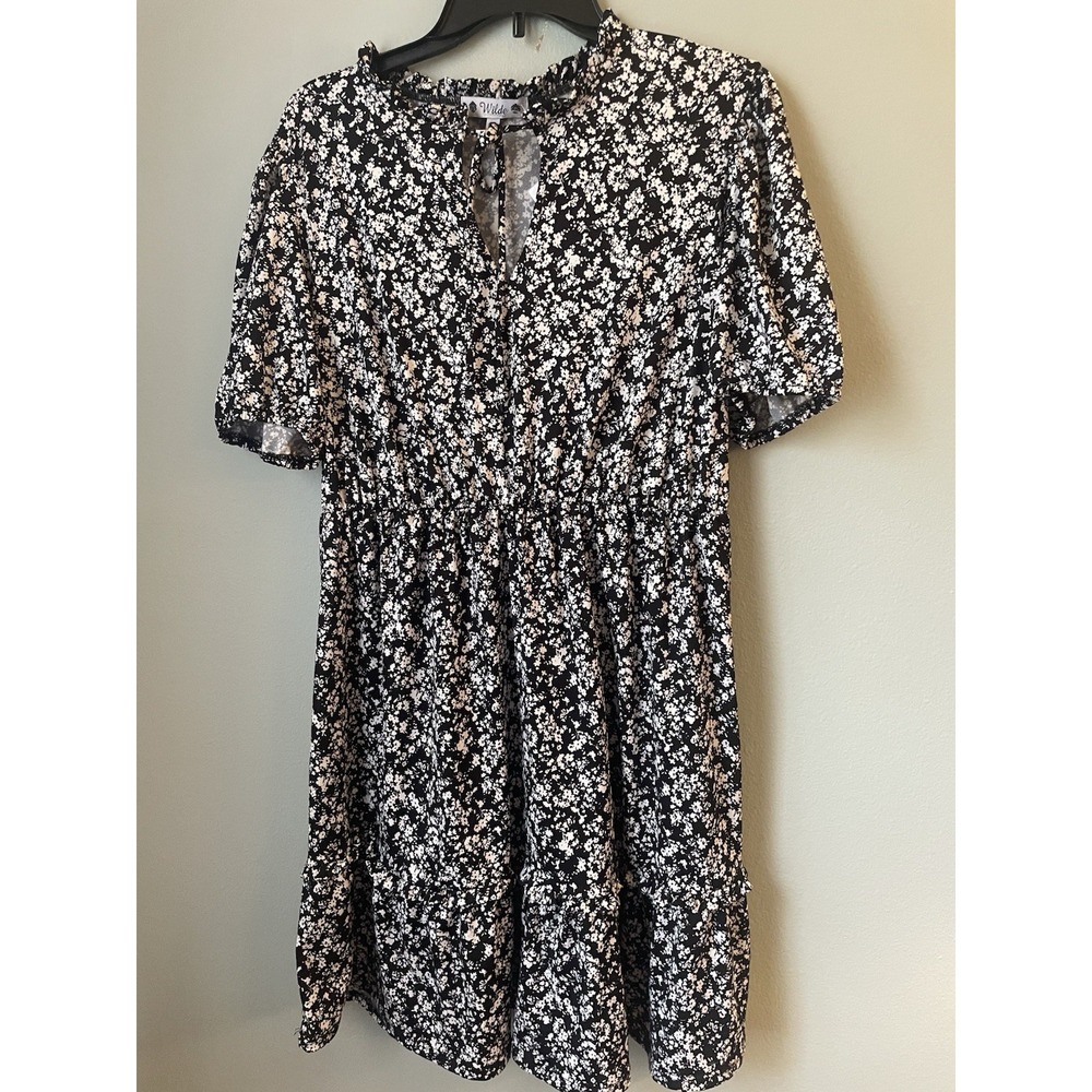 Wilde Black White‎ Floral Knee Length Dress Hippie Goth XL